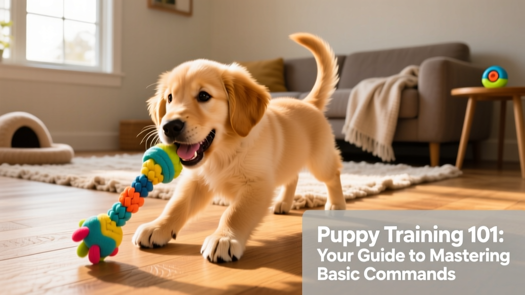 A joyful puppy playing with a FurPetVo Teethe n' Tug Toy during a supervised indoor training break