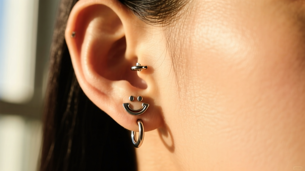 Side profile showing a small titanium happy face cartilage hoop with a secure clicker closure resting against warm, sunlit skin.