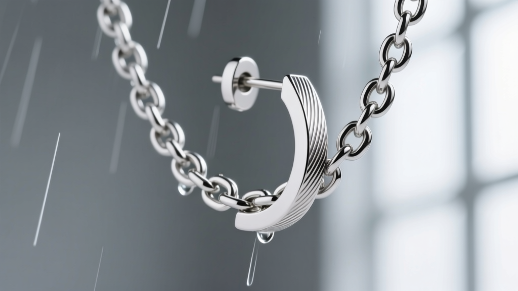 Extreme close-up of a 0.5mm silver rolo chain link from a rain earring, showing the laser-welded joint and brushed metal finish.