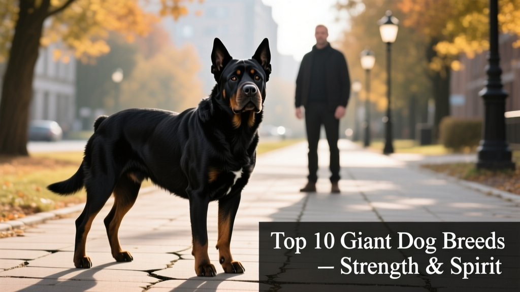 A powerful, confident Black Russian Terrier standing alert beside its owner on a paved path, showcasing its dense black coat and strong build