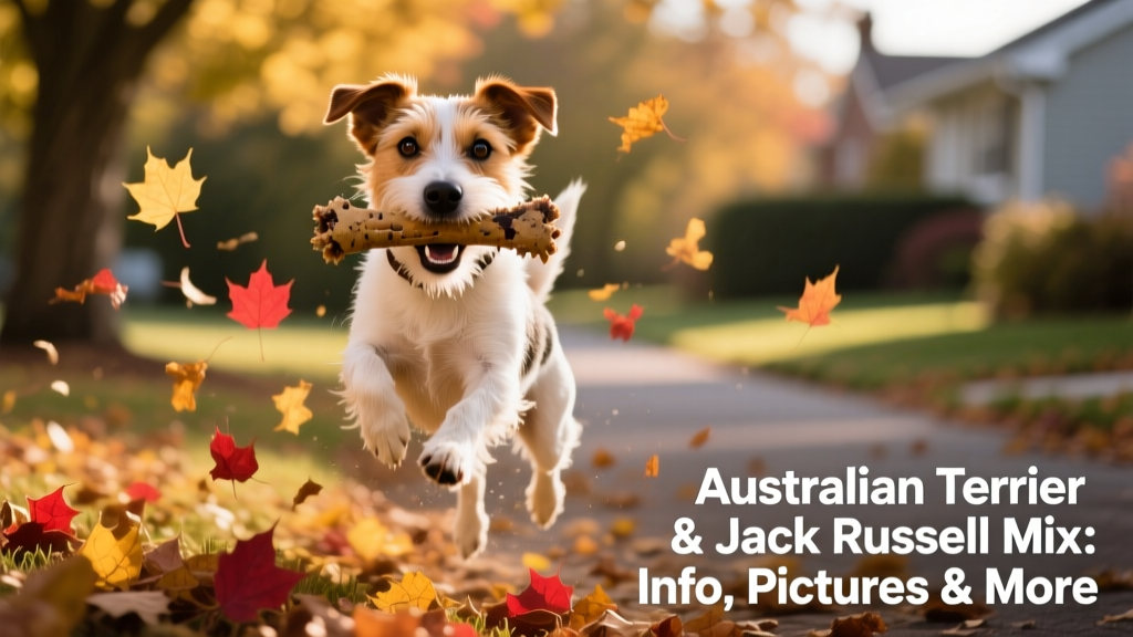 An adult Rustralian mid-play, leaping through autumn leaves with a chew toy in its mouth