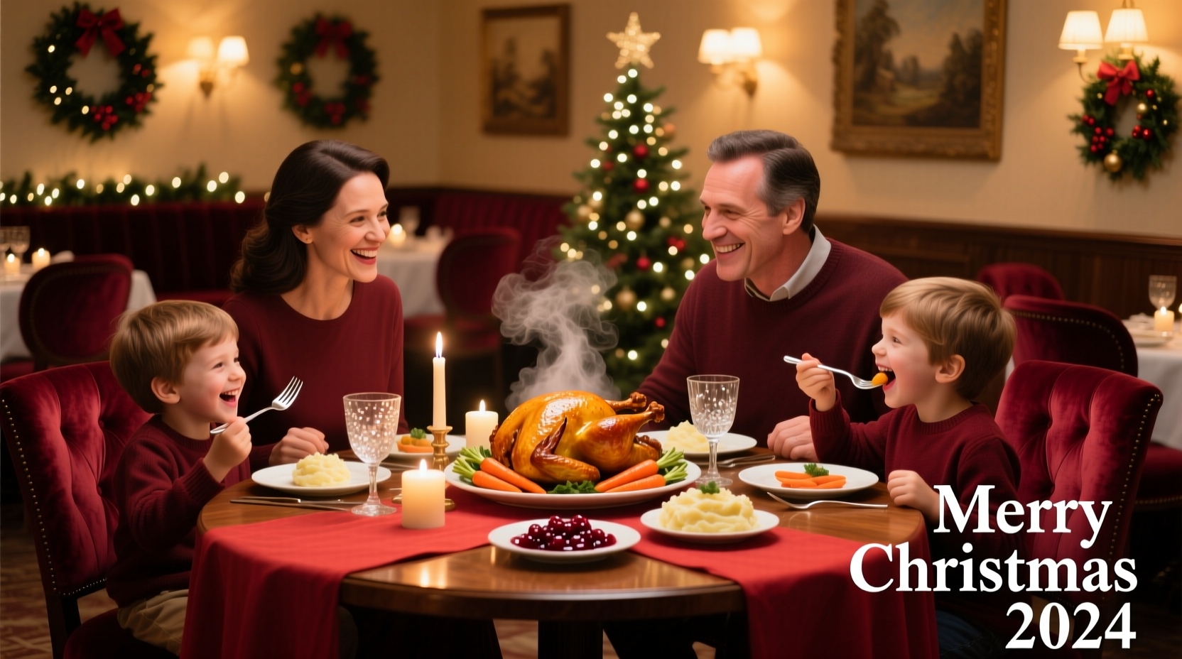 Family enjoying Christmas dinner at a restaurant