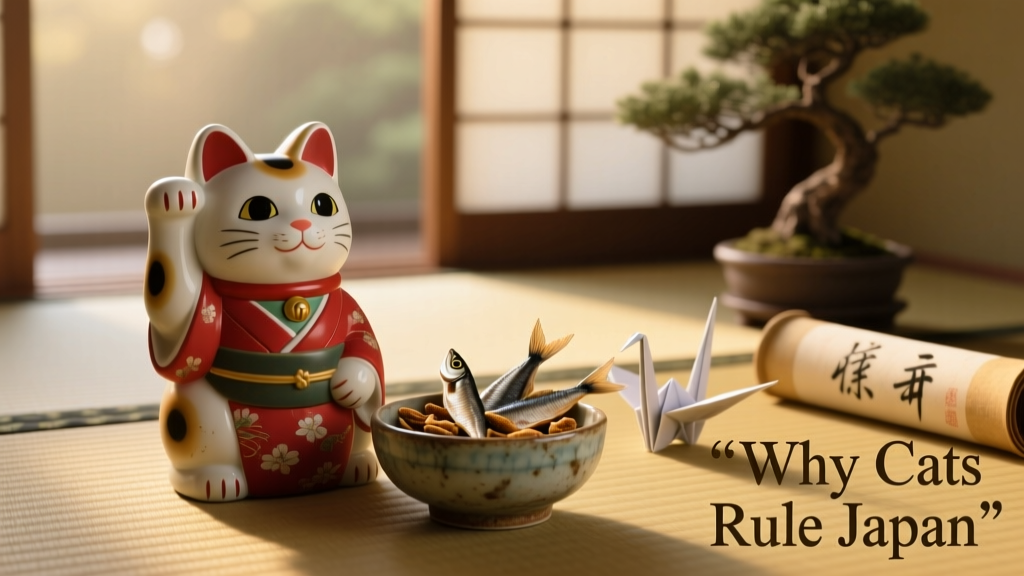 A vintage-style maneki-neko figurine with raised paw, placed beside a small bowl of dried fish treats