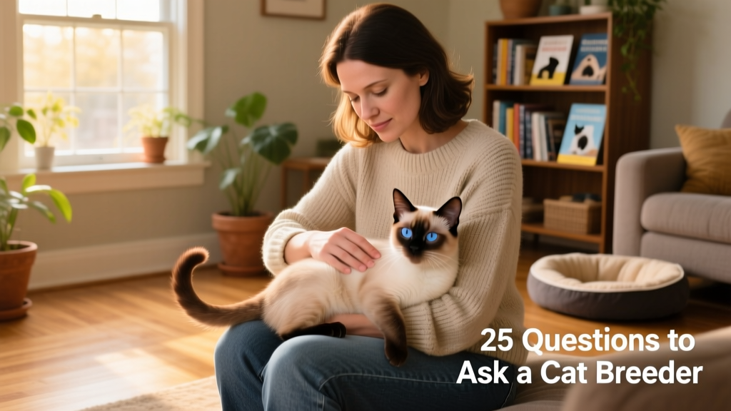 A breeder gently handling a relaxed kitten while demonstrating proper socialization techniques during a home visit