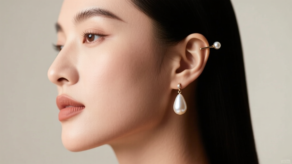 Side profile of a woman with a square jaw wearing teardrop freshwater pearl clip earrings to softly elongate her facial features.