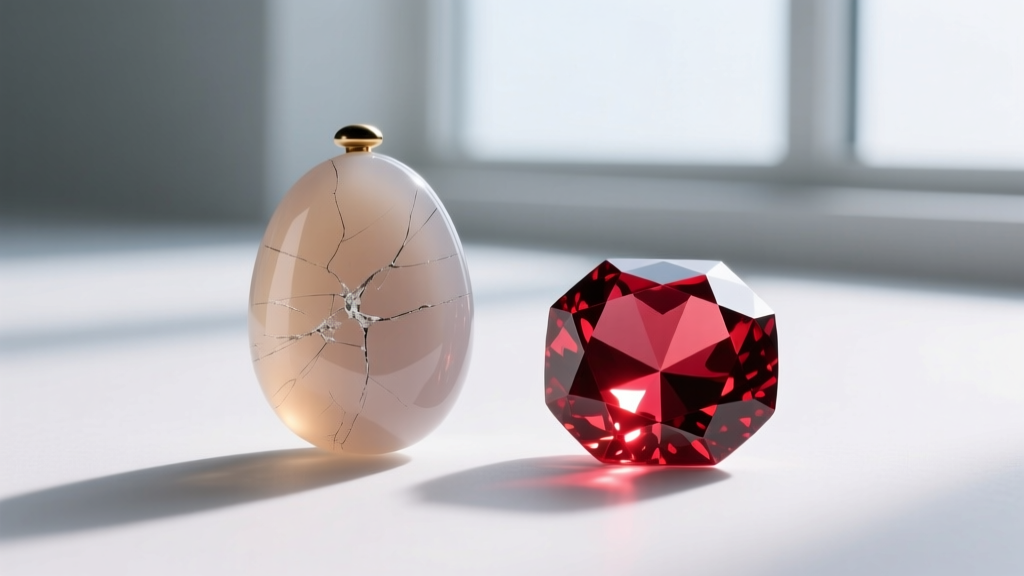 Comparison of a scratched epoxy resin cabochon and a faceted lab-created ruby, highlighting the difference in light refraction.