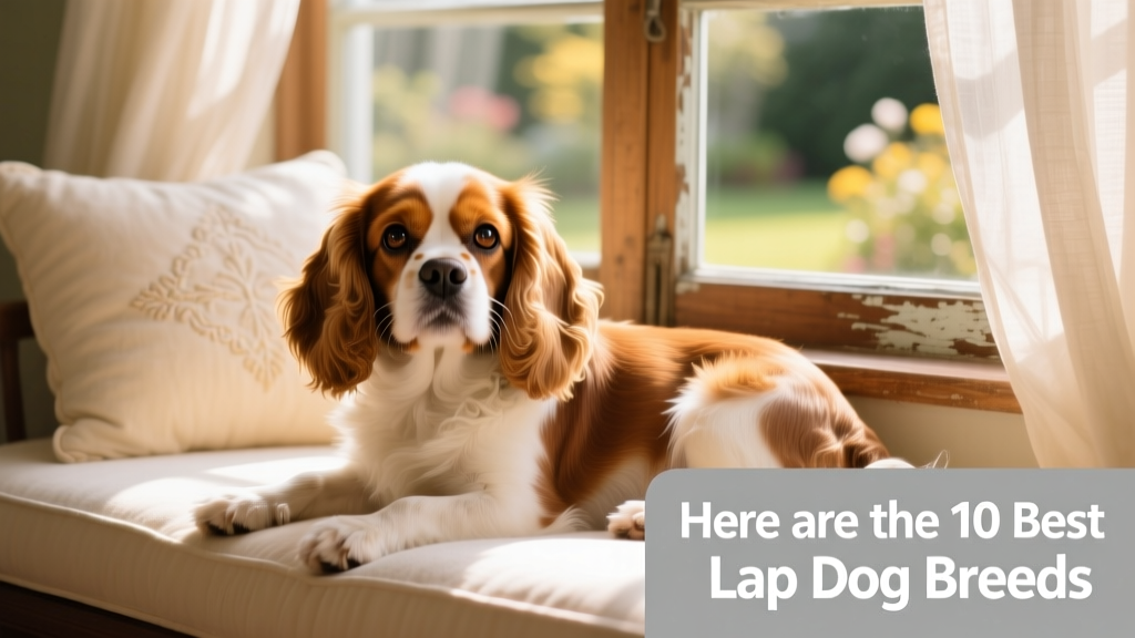 A Cavalier King Charles Spaniel resting on a cushioned window seat, gazing softly at the camera