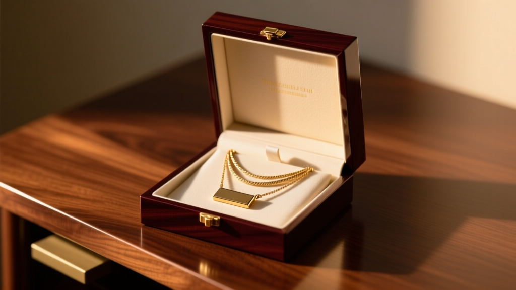 Elegant gift box on a mahogany desk revealing a layered lariat necklace with a subtle geometric bar pendant, warm lighting.
