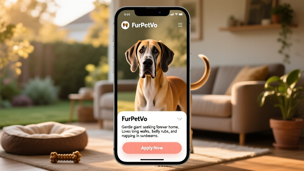 Screenshot-style image showing a FurPetVo profile page for a Great Dane, with photos, bio section, and 'Apply Now' button