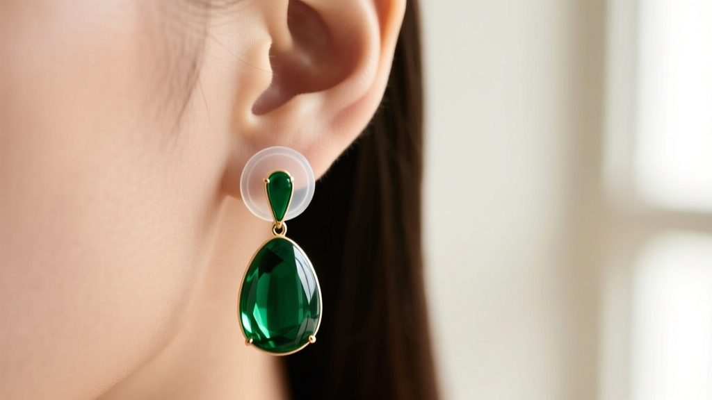 Close-up of an earlobe wearing a heavy green enamel drop earring supported by a clear silicone backing disc to prevent sagging