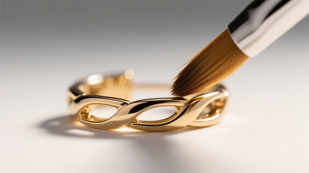 Soft brush gently cleaning dirt from the narrow crevices of a white gold channel earring setting under warm studio lighting