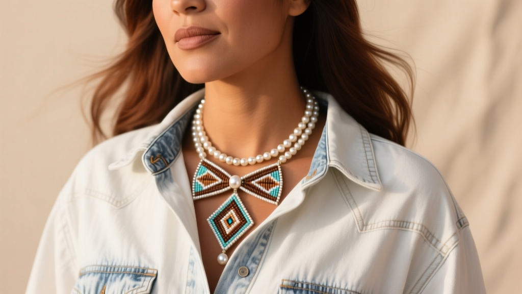 Woman layering a Navajo pearl bow necklace over a white denim shirt, showcasing Southwestern style in soft studio lighting.