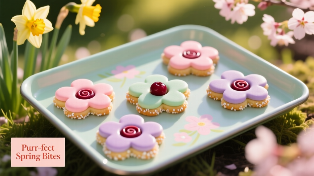 Top-down photo of vibrant flower-shaped cranberry cookies arranged on a pastel spring-themed baking tray