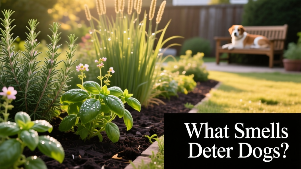 A garden border with rosemary, basil, and lemongrass planted alongside mulched flower beds