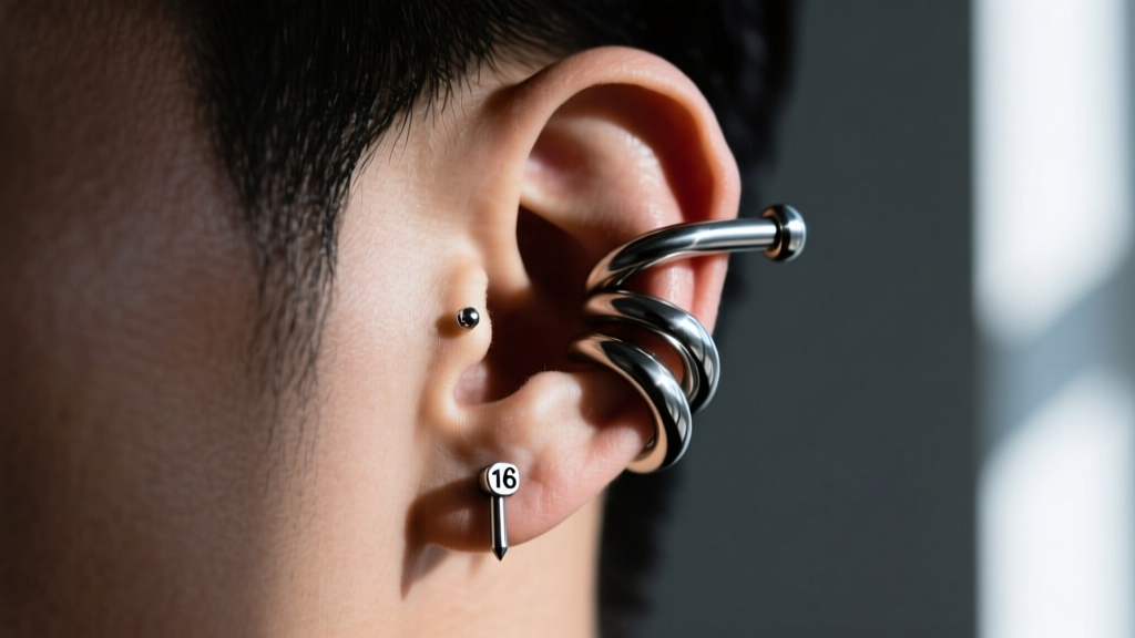 Close-up of a titanium helix cuff and 16-gauge stud on male cartilage, moody lighting, sharp focus on metal, edgy style.