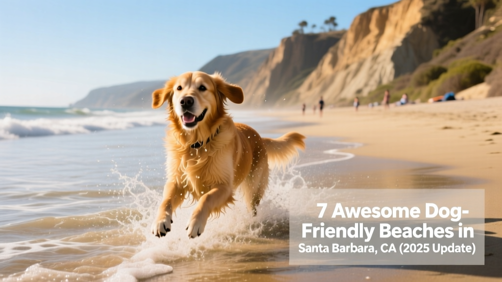 A golden retriever splashing in shallow ocean water at a wide, sunny beach with cliffs in the background