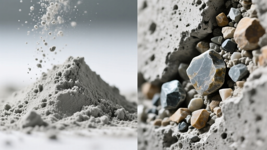 Split-screen macro shot showing fine gray Portland cement powder on the left and coarse concrete with exposed aggregate on the right.