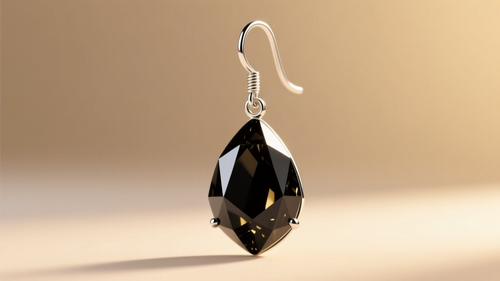 Polished 20-gauge sterling silver French wire hook holding a heavy geometric obsidian drop earring under soft warm studio lighting