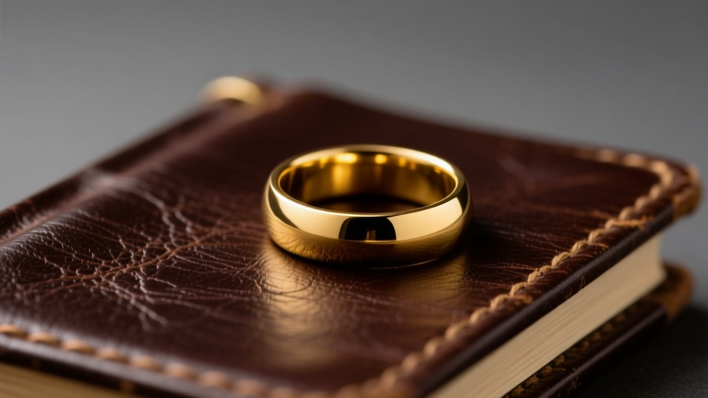 A gold-plated brass ring resting on a dark leather ledger, soft studio lighting highlighting the reflective yellow metal surface.