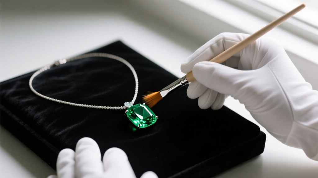 Jeweler gently cleaning a Colombian emerald necklace with a soft baby-hair brush and lukewarm soapy water on a dark velvet pad