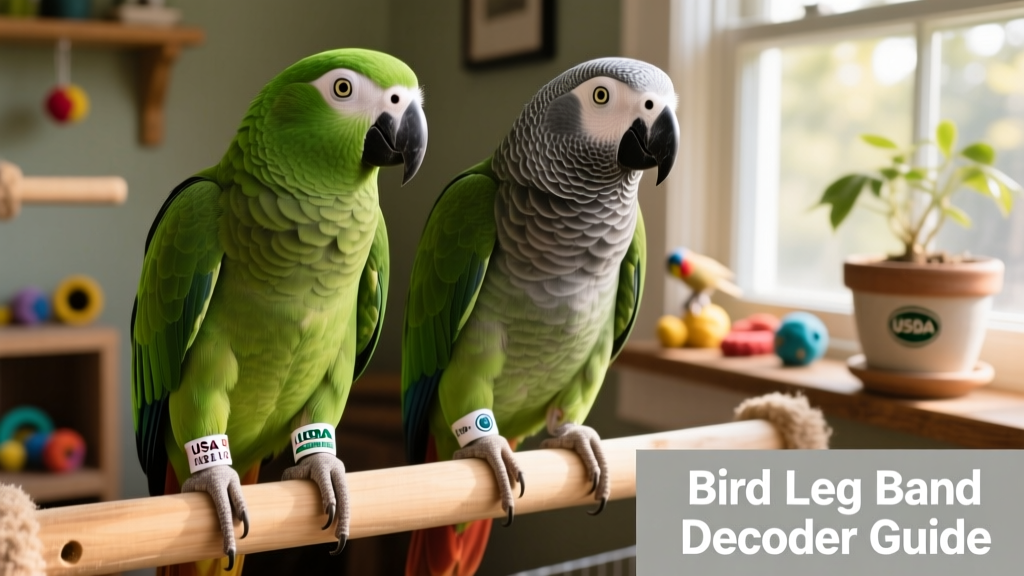 Side-by-side comparison of USDA and private importer leg bands on two different parrots