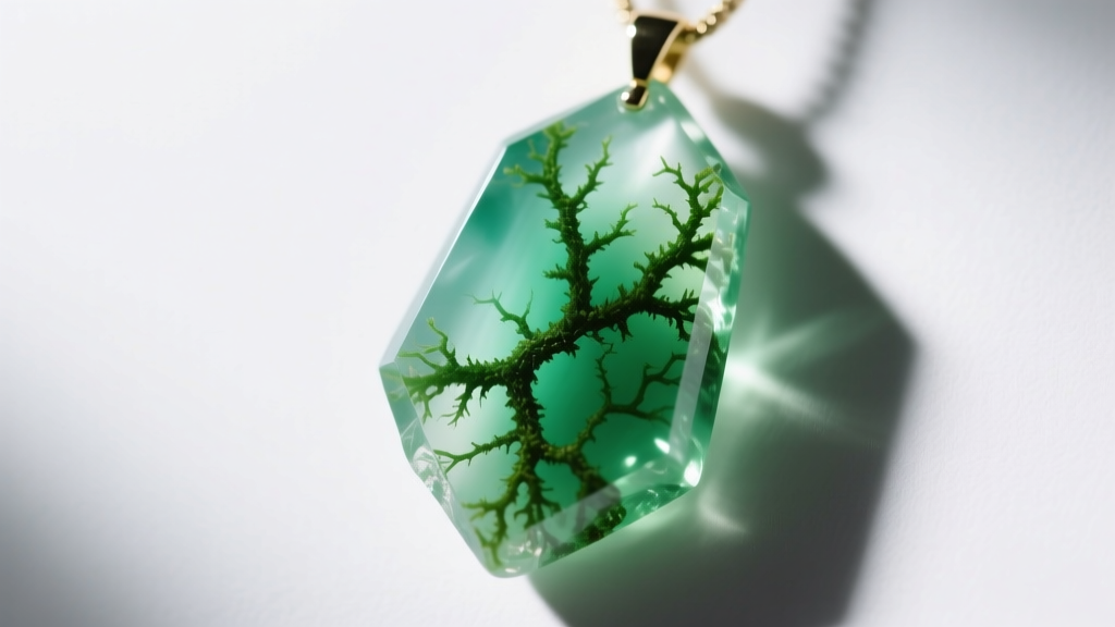 Macro shot of a vivid green moss agate pendant showing intricate dendritic mineral inclusions trapped within translucent quartz