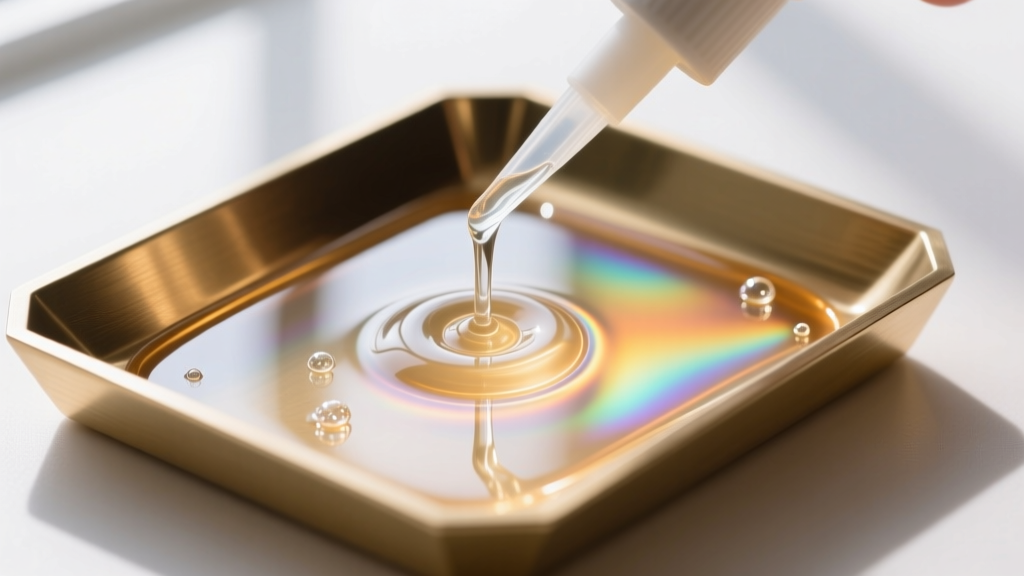 Macro shot of clear UV resin being carefully poured into a geometric brass bezel tray using a fine-tip silicone applicator.