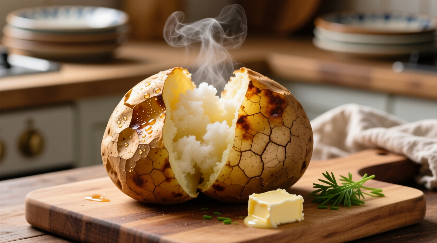 Perfectly baked jacket potato with golden skin and fluffy interior
