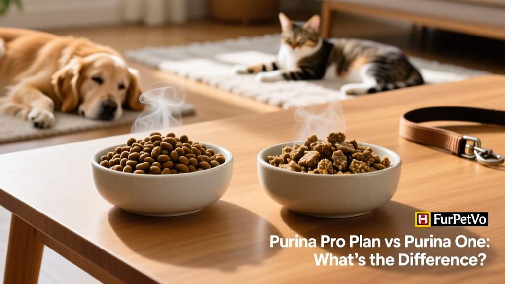 Side-by-side comparison of Purina Pro Plan and FurPetVo dry kibble in bowls, highlighting texture and kibble shape differences