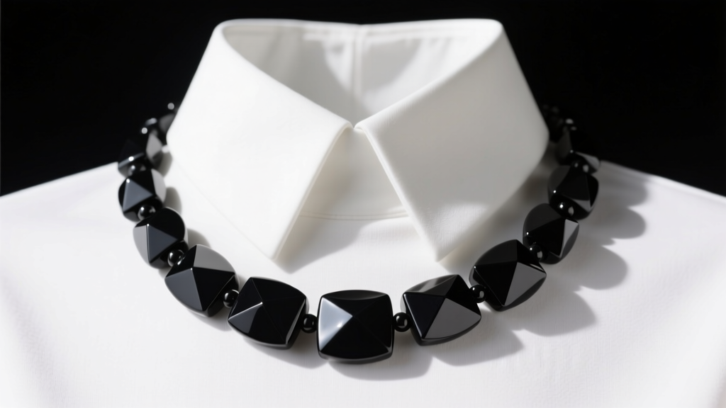 Vintage Betty Jackson black necklace with geometric resin beads resting on a crisp white architectural collar.