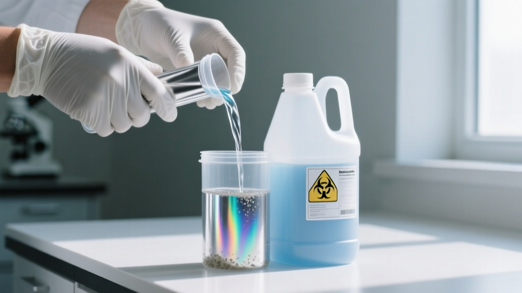 Nitrile-gloved hands safely pouring degraded silver dip cleaner into a designated hazardous chemical waste disposal plastic jug