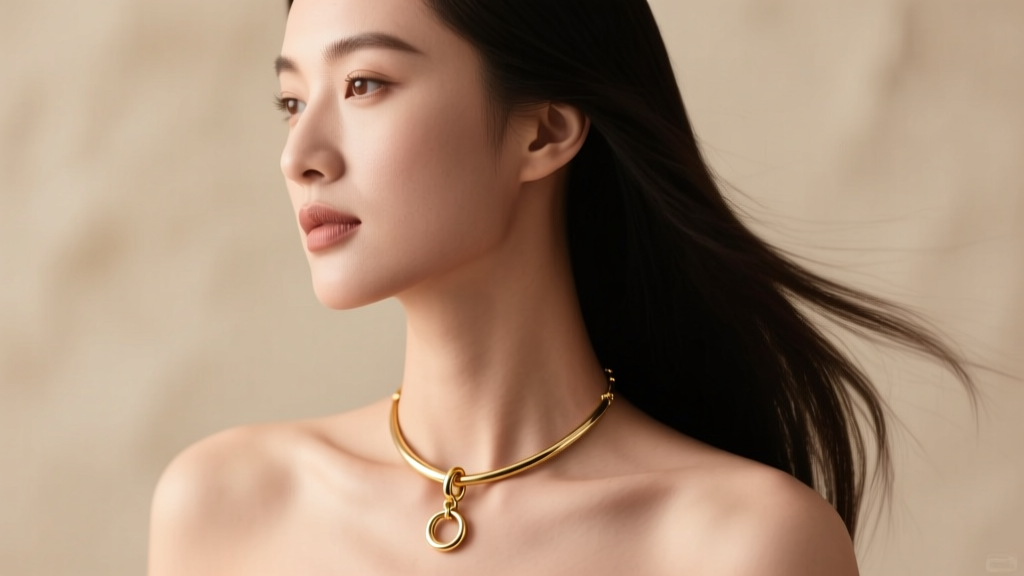 Side profile of a woman wearing a gold lariat necklace, showing how a weighted bail keeps the pendant perfectly centered on chest.