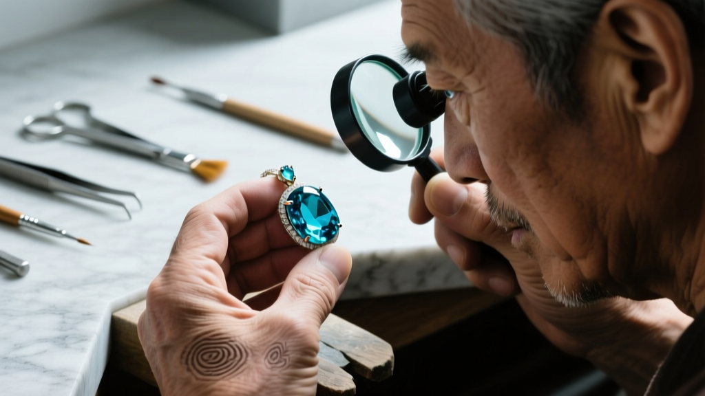 Close-up of a jeweler using a loupe to inspect an antique aquamarine pendant under bright daylight LED lighting in a workshop.