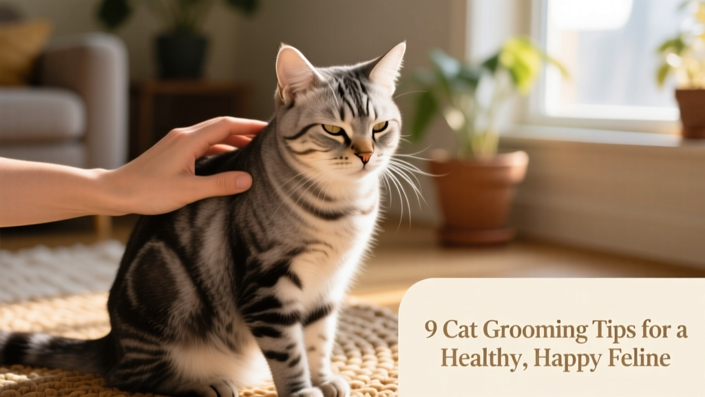Close-up of a gentle hand brushing a calm, seated cat with soft lighting