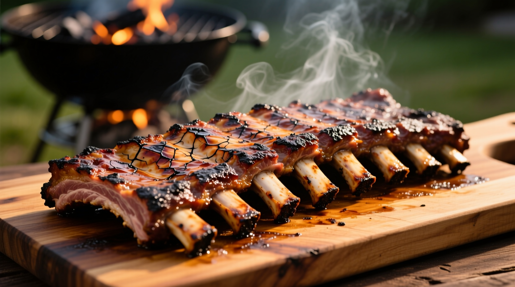 Perfectly grilled ribs with smoke ring and bark