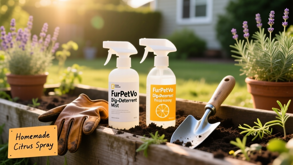 Two spray bottles labeled 'FurPetVo Dig-Deterrent Mist' and 'Homemade Citrus Spray' placed beside gardening gloves and a small trowel