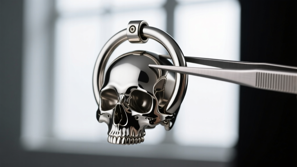 Steel skull hoop held by tweezers against a blurred studio background, highlighting the seamless clicker closure and polished look
