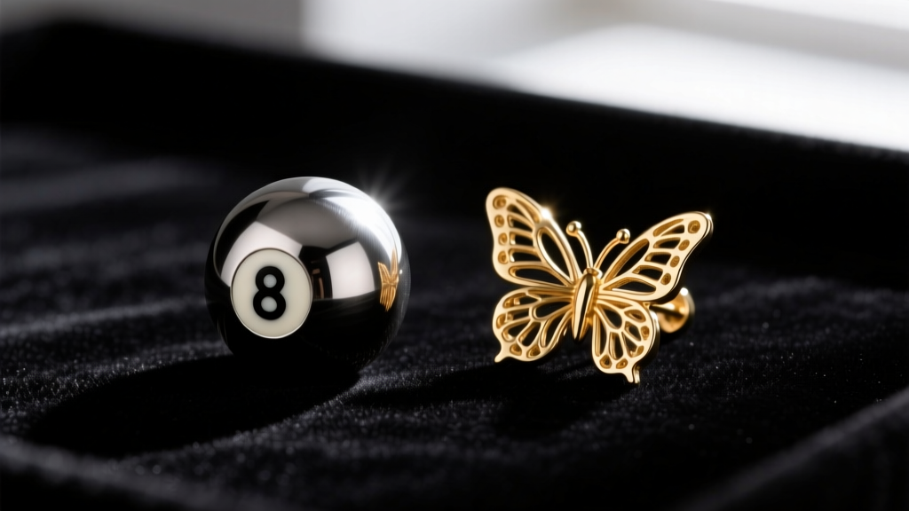 Close-up of a titanium 8-ball flat back labret and a brass butterfly earring side-by-side on dark velvet under bright light.