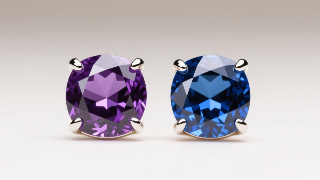 Macro shot of prong-set amethyst and blue sapphire bisexual earring duo, highlighting facet clarity and secure white gold prongs.