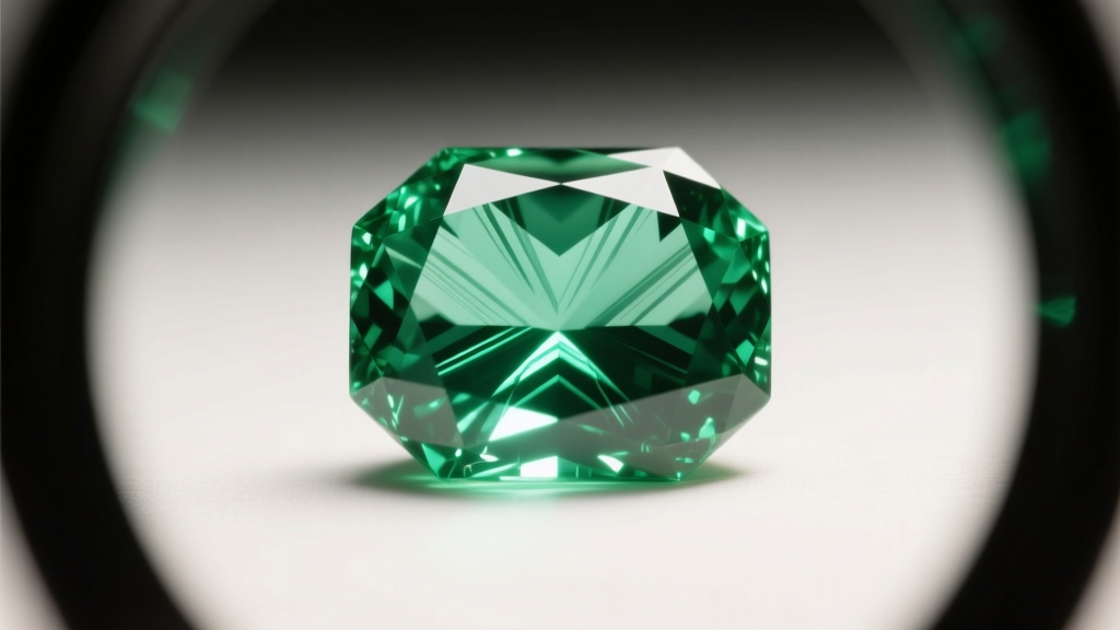 Loupe view of a hydrothermal lab emerald showing clean clarity and subtle chevron growth patterns under bright, warm LED lighting.