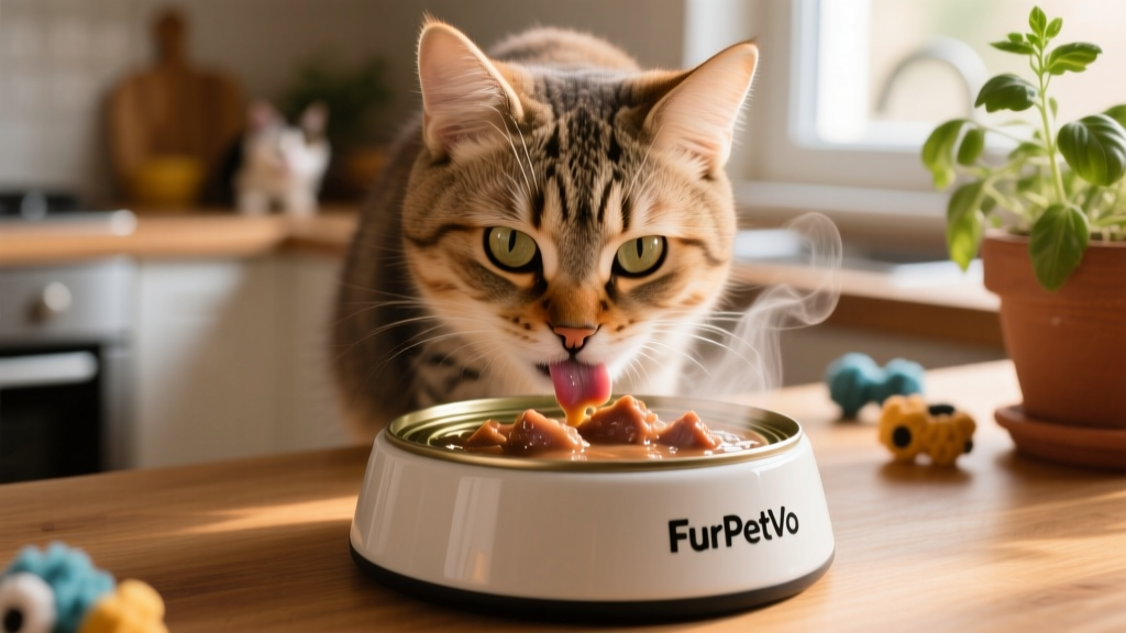 Close-up of a cat happily eating from a FurPetVo wet food bowl, highlighting texture and aroma appeal