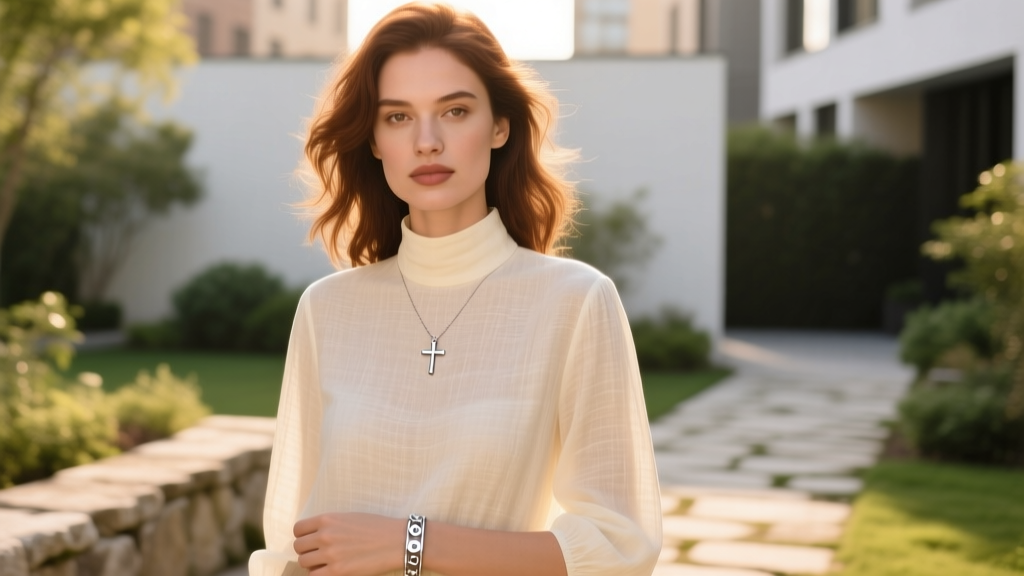 Woman in high-neck linen blouse wearing a subtle silver single-decade bracelet and simple cross pendant in warm outdoor light.
