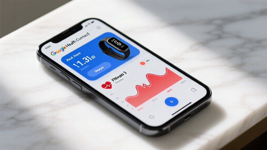 A smartphone screen showing the Google Health Connect dashboard syncing sleep and heart rate data from a Fitbit Inspire 3 tracker