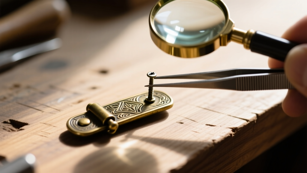 Macro shot of a vintage fold-over clasp being repaired with precision tweezers and a loupe on a wooden workbench surface.