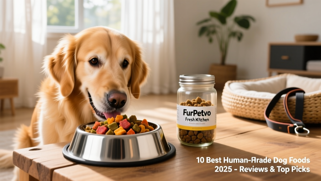 A happy golden retriever eating from a stainless steel bowl filled with vibrant, chunky FurPetVo dog food next to a reusable glass jar labeled 'FurPetVo Fresh Kitchen'