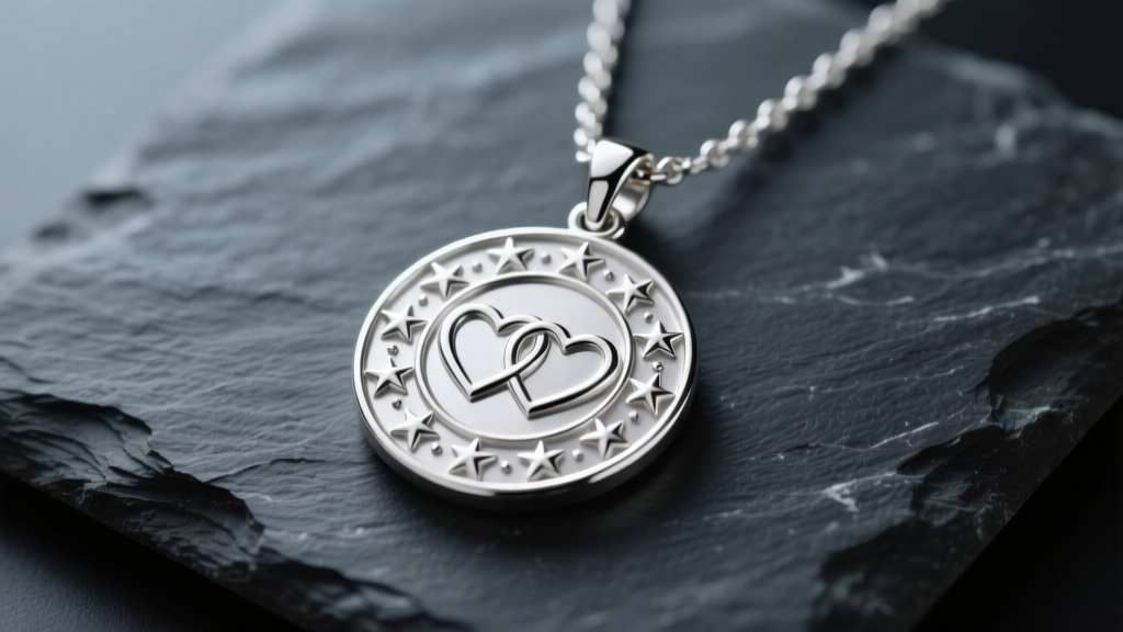Sterling silver miraculous medal necklace on dark slate, showing 12 stars and dual hearts detail in soft natural studio lighting.