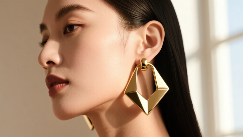 Profile of a woman wearing chunky architectural latch back hoops, highlighting the smooth gold silhouette against her jawline.