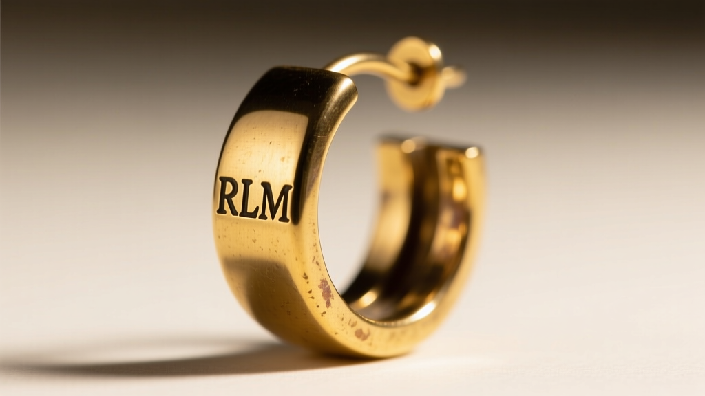 Macro view of an RLM hallmark stamped on the back of a heavy gilt brass vintage hoop earring under bright macro flash lighting.