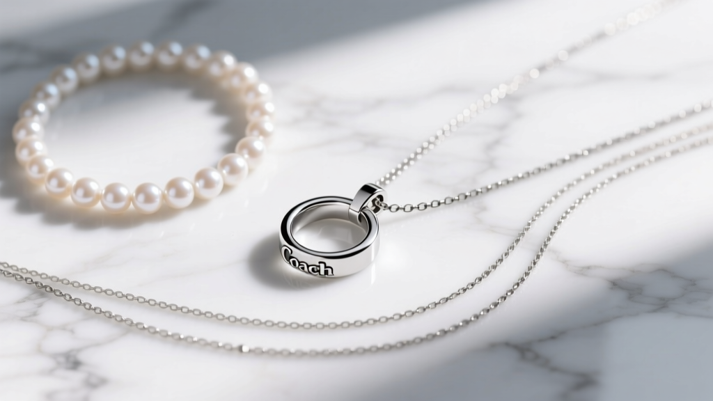 Flat lay of layered necklaces with a silver Coach ring pendant, pearl choker, and delicate satellite chain on white marble.