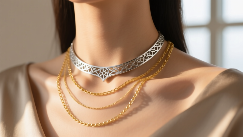 Close-up of collarbone showing a delicate 16-inch silver pendant layered with an 18-inch gold chain in warm, natural sunlight